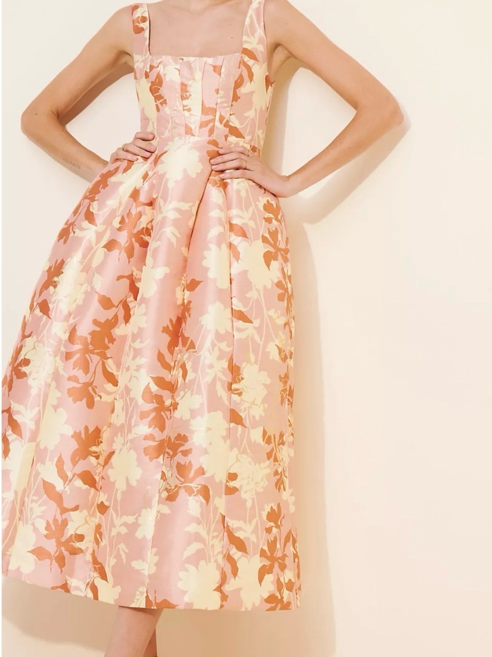 BHLDN Peach and Cream Floral Fit-and-Flare Midi Dress